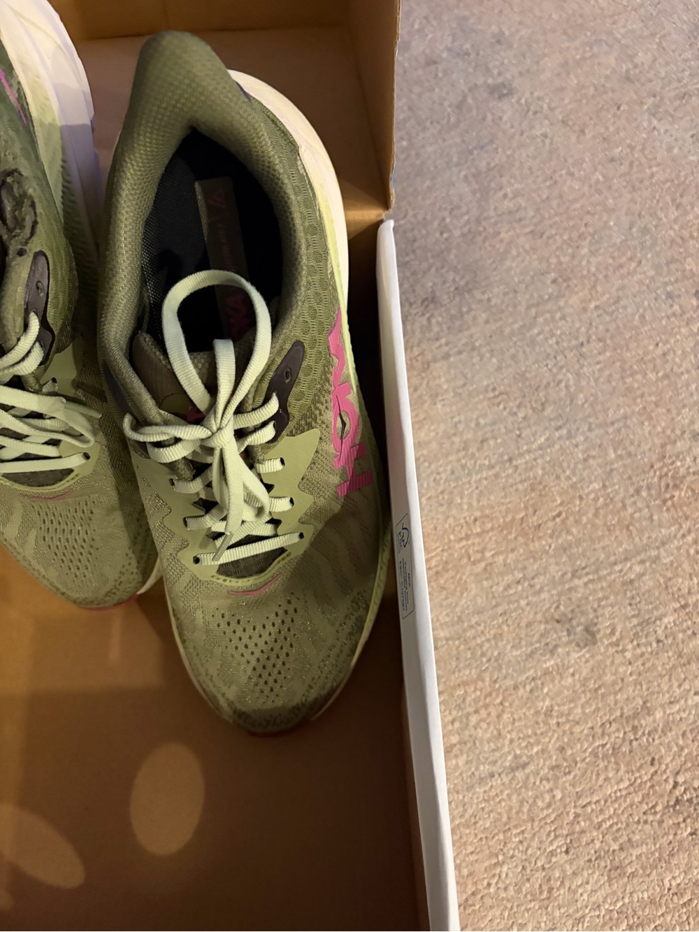 Hoka Olive Green Running Shoes with Pink Logo Accent